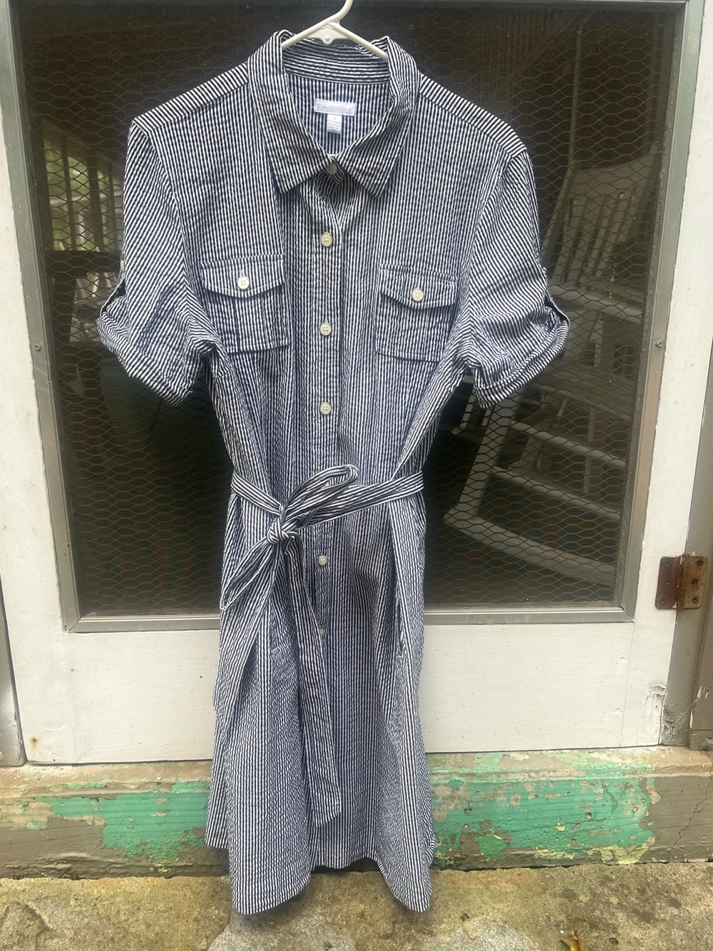 Striped Seersucker Dress with Tie Belt - Navy/White